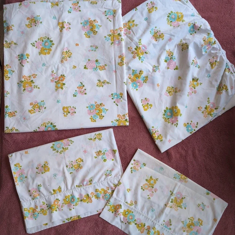 Vintage JCPenney Fashion Manor Sheet Set Full Floral White 70s Percale MCM USA
